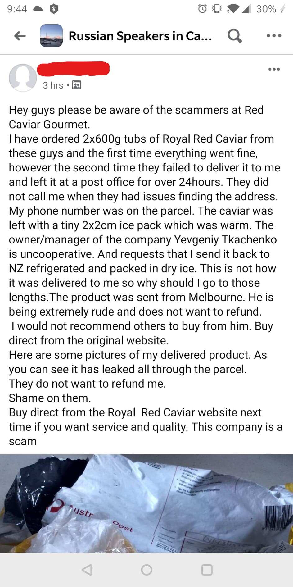 'Red caviar scammers" FB post
