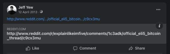 Screenshot of Jeff Yew's first social post in relation to Bitcoin. 