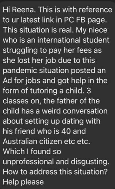 Message received by Reena by a woman whose niece allegedly had a similar experience