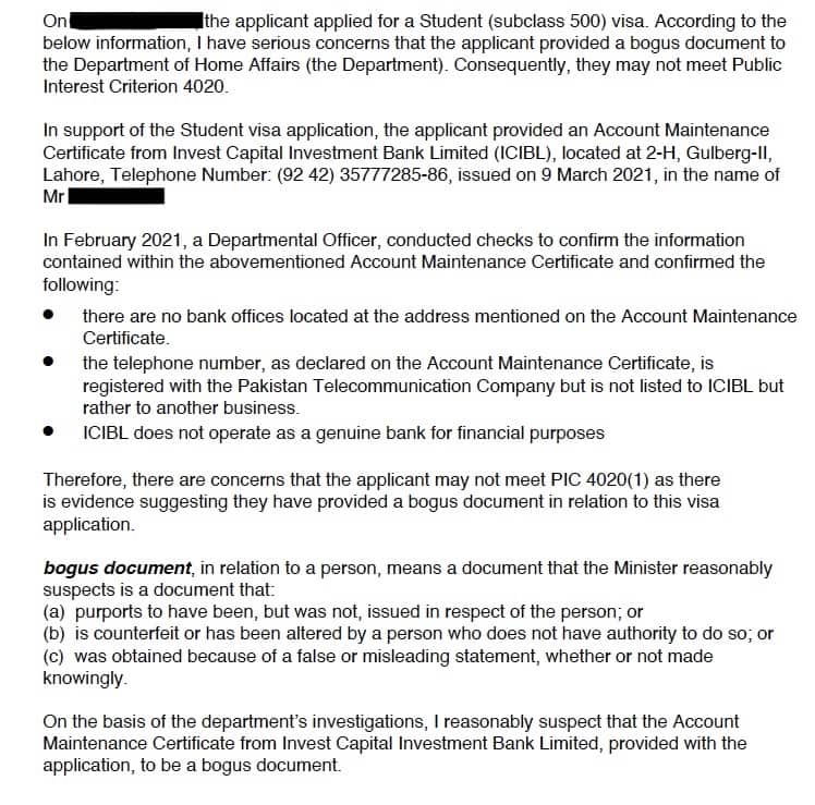 Visas are refused on the basis of providing 'bogus' financial documents.