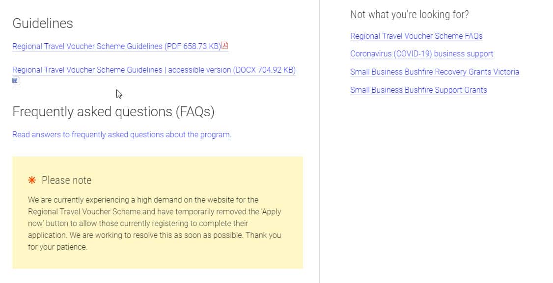 Business Victoria website crashes as people scramble to nab the free regional travel vouchers.