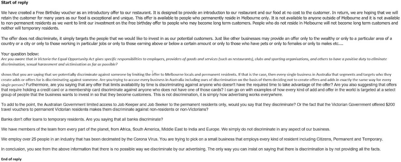 Respuesta del restaurante.