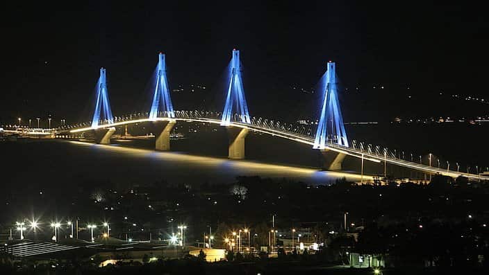 The Rio-Antirio bridge glows in the nigh