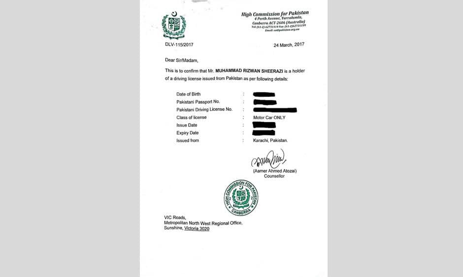 Letter issued by Pakistan High Commission confirming the authenticity of a driving licence