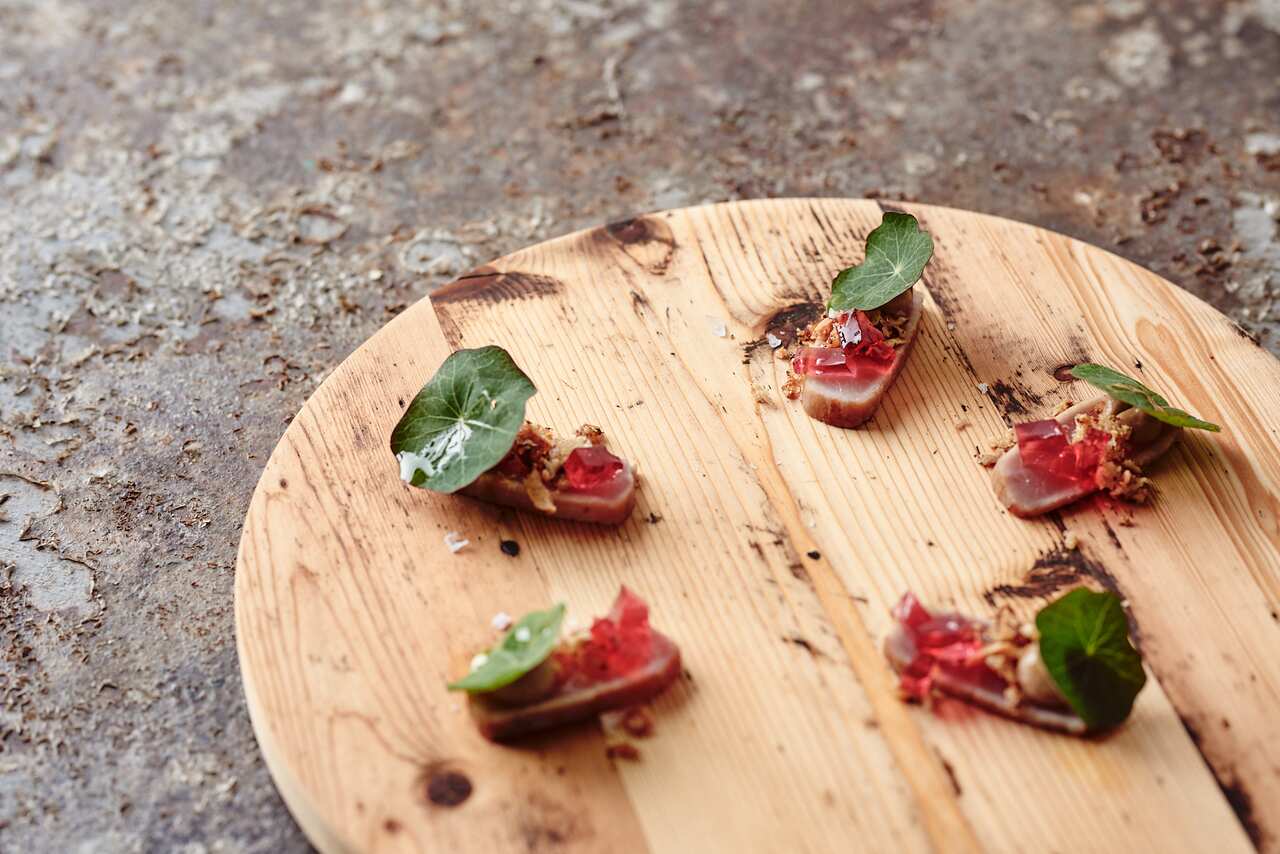 crispy tuna and nori, Ottway shitake, water melon radish, turnip, broccoli and wasabi puree