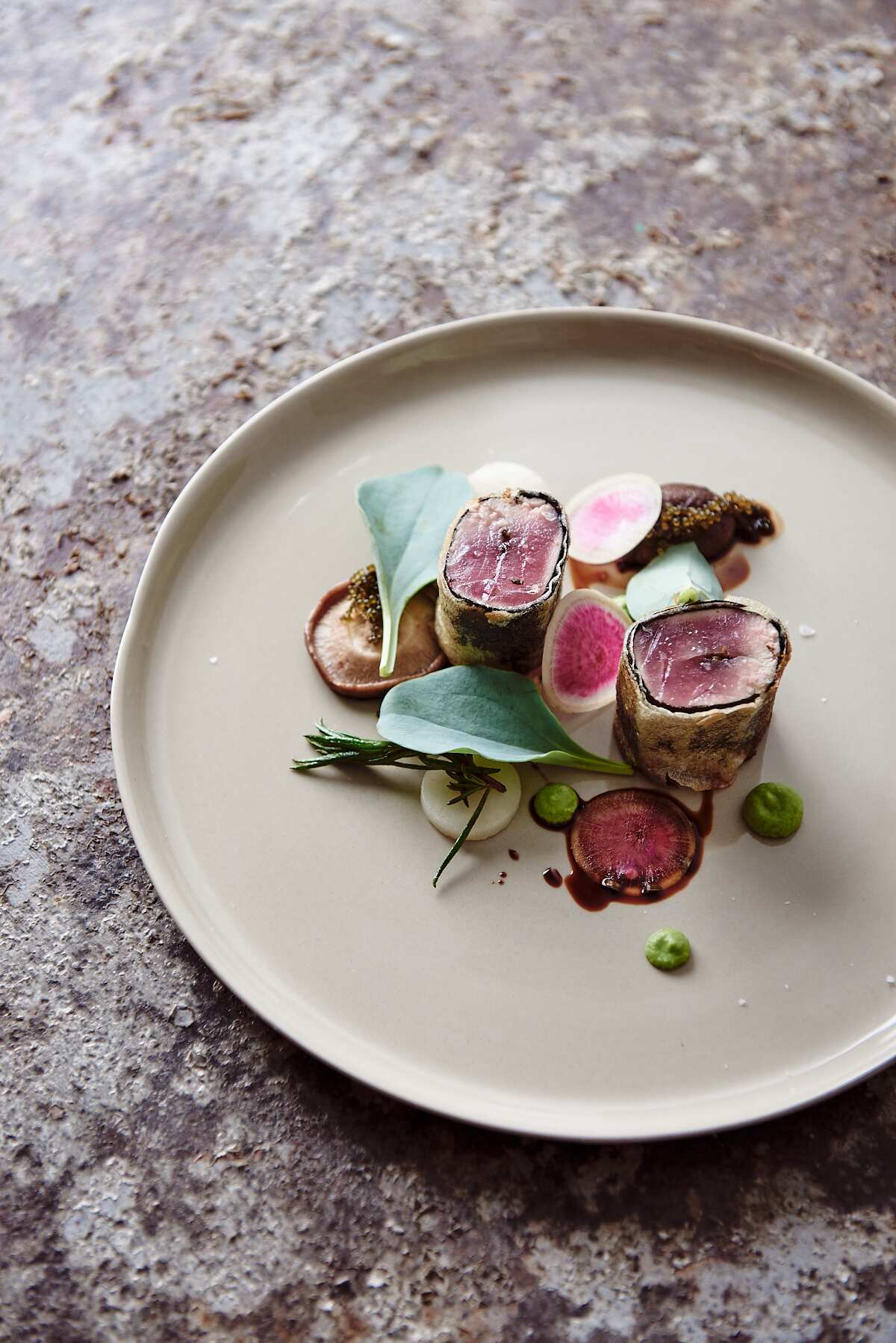 cured pork loin, shiso jelly, chocolate miso and eggplant puree, nasturtium flower