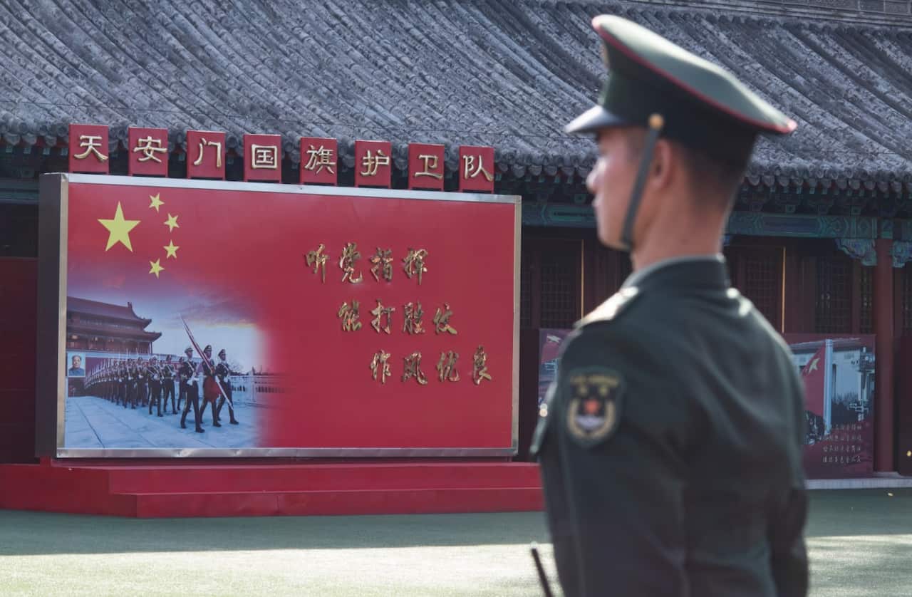 A Chinese Paramilitary Policeman of the Tiananmen Flag Guard Brigade is seen guarding their training base inside the Forbidden City in Beijing