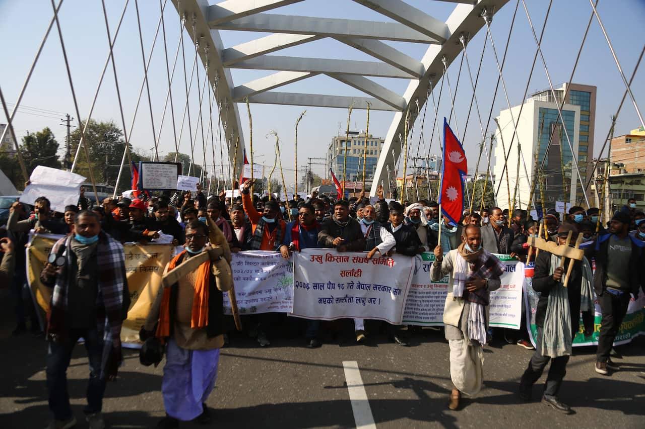 Sugarcane farmers in Nepal during a protest after not receiving deserving revenue for their harvest