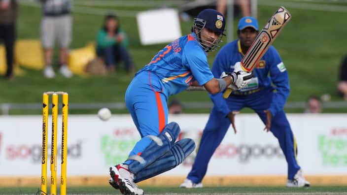 Indian batsman Sachin Tendulkar bats before being caught LBW off the bowling of Lasith Malinga, back, for 39 in their one day international cricket match in Hobart, Australia, Tuesday, Feb. 28, 2012. (AP Photo/Chris Crerar)