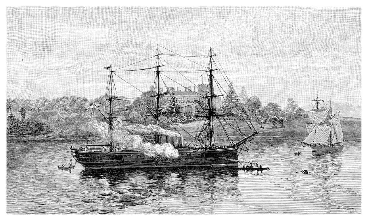 Government House and HMS 'Nelson', Sydney, New South Wales, Australia, 1886.Artist: JR Ashton