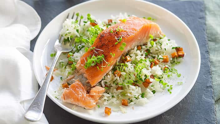 Salmon with coffee and sweet potato rice