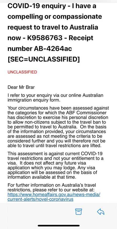 The rejection of Mr Brar's exemption application by the Australian High Commission in India.