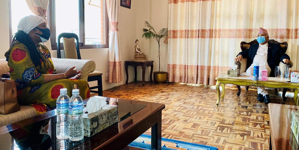 Sara Beysolow Nyanti, the United Nations Resident Coordinator in Nepal met with Prime Minister K P Sharma Oli to discuss the country’s COVID-19 crisis.