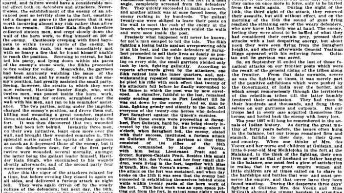 Excerpts of article in Australian Town and Country Journal on 8 July 1898, describing the valour of Havildar Kala Singh at Fort Gulistan