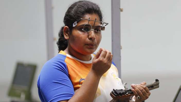 India's Rahi Jeevan Sarnobat, prepares for the final round of the 25m pistol women's shooting event at the 18th Asian Games in Palembang, Indonesia, Wednesday, Aug. 22, 2018. (AP Photo/Vincent Thian)