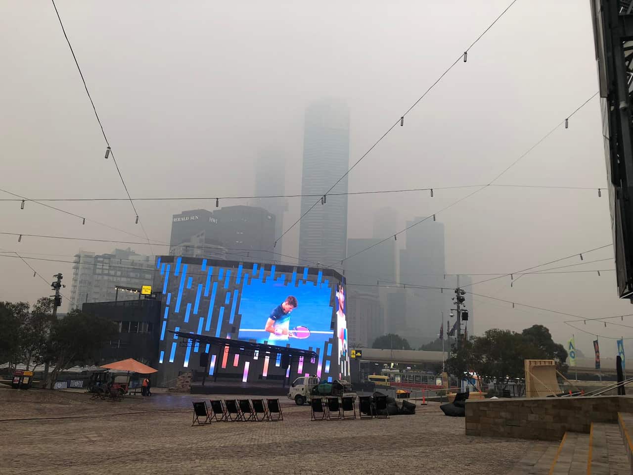 View of Melbourne from Federation Square, showing the smoke cloud. 