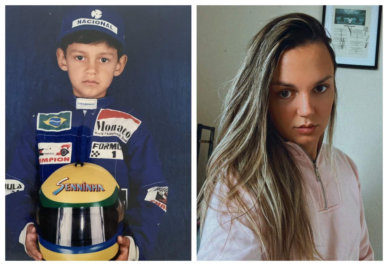 Wendlle as a child in Brazil wearing a racing car outfit, and now at 32
