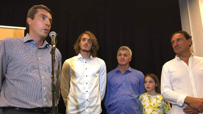 (L to R): Consul General of Greece in Melbourne, Stefanos Tsitsipas with father Apostolos, sister Elizabeth and President of Greek Orthodox Community of Melbourne and Victoria 