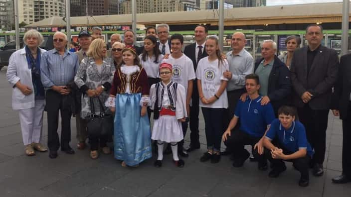 Greek Flags raised at Melbourne's Federation Square in the occasion of Greek National Day 