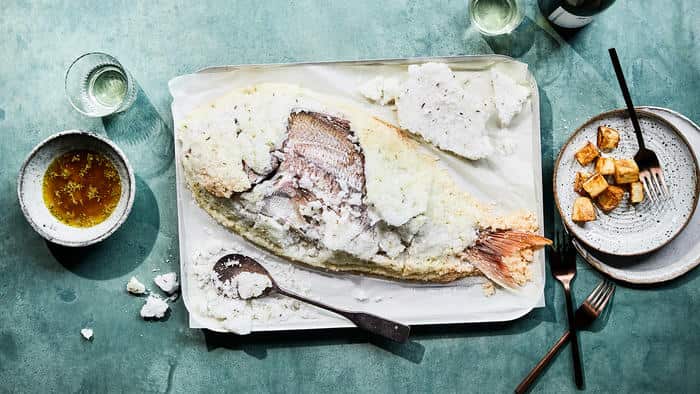 Salt baked snapper with samoriglio Source: Sharyn Cairns