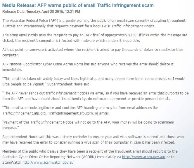 Warning issued by AFP last year, when similar scams were rife