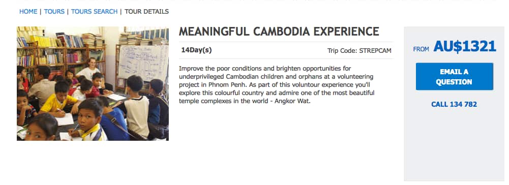 Screenshot of an STA Travel program advertising encounters with “orphans” in Cambodia. Source: STA Travel website.