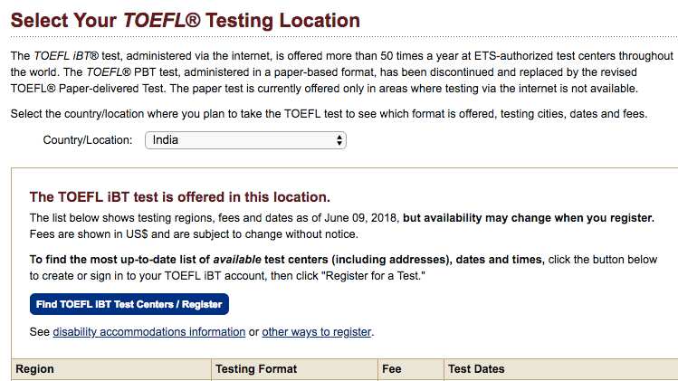 Location search for TOFEL test shows only TOFEL iBT is available in India 