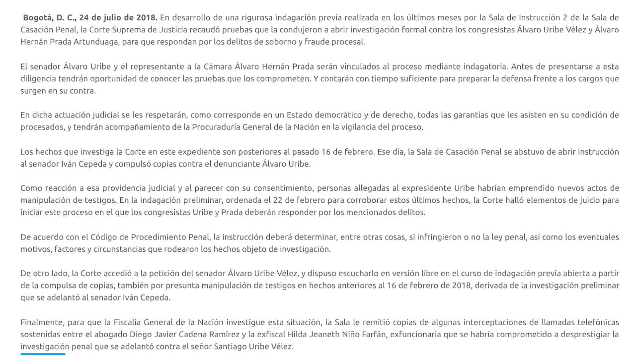 Comunicado de Prensa de la Corte Suprema de Justicia de Colombia.