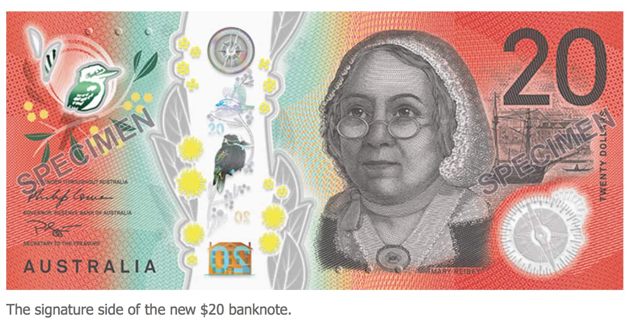 Imagen de Mary Reibey en el billete de 20 dólares.