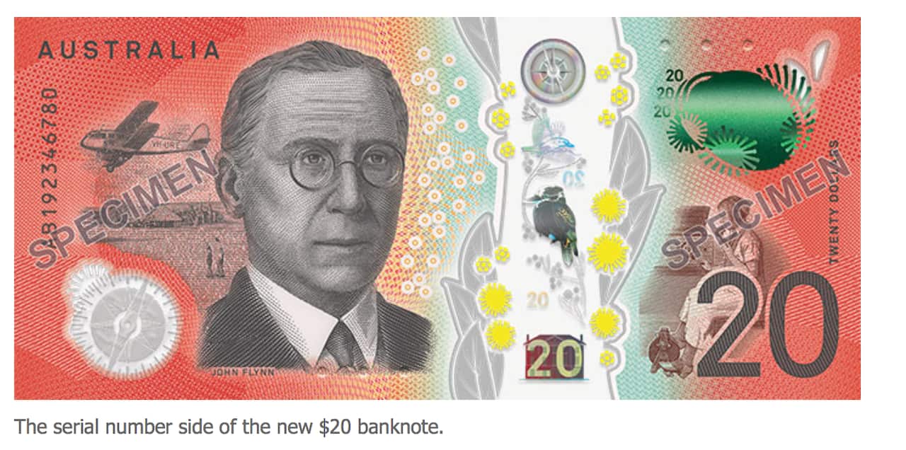 Imagen de John Flynn en el billete de 20 dólares.