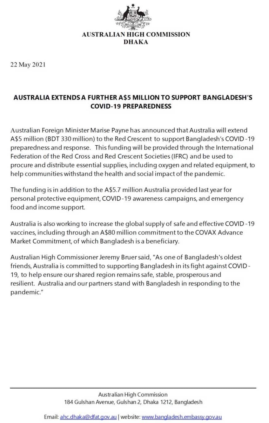 Australia provides COVID-19 support to North East Indian Ocean neighbours including Bangladesh
