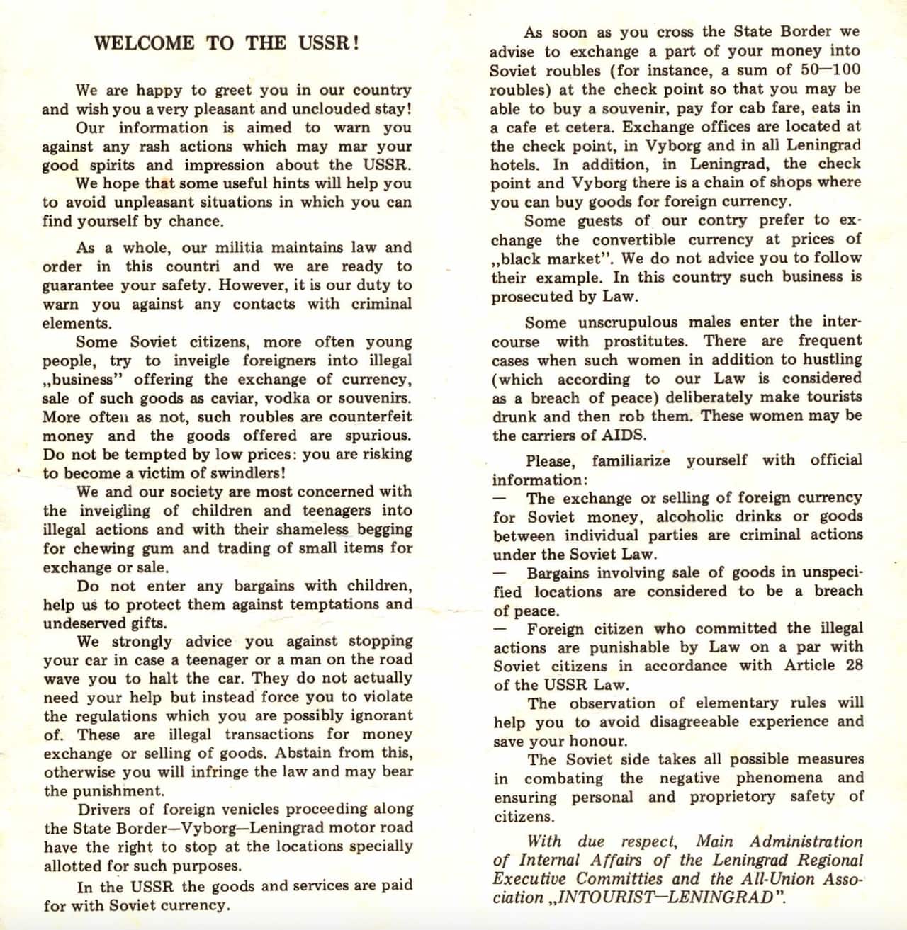 Info brochure for foreign tourists in the USSR