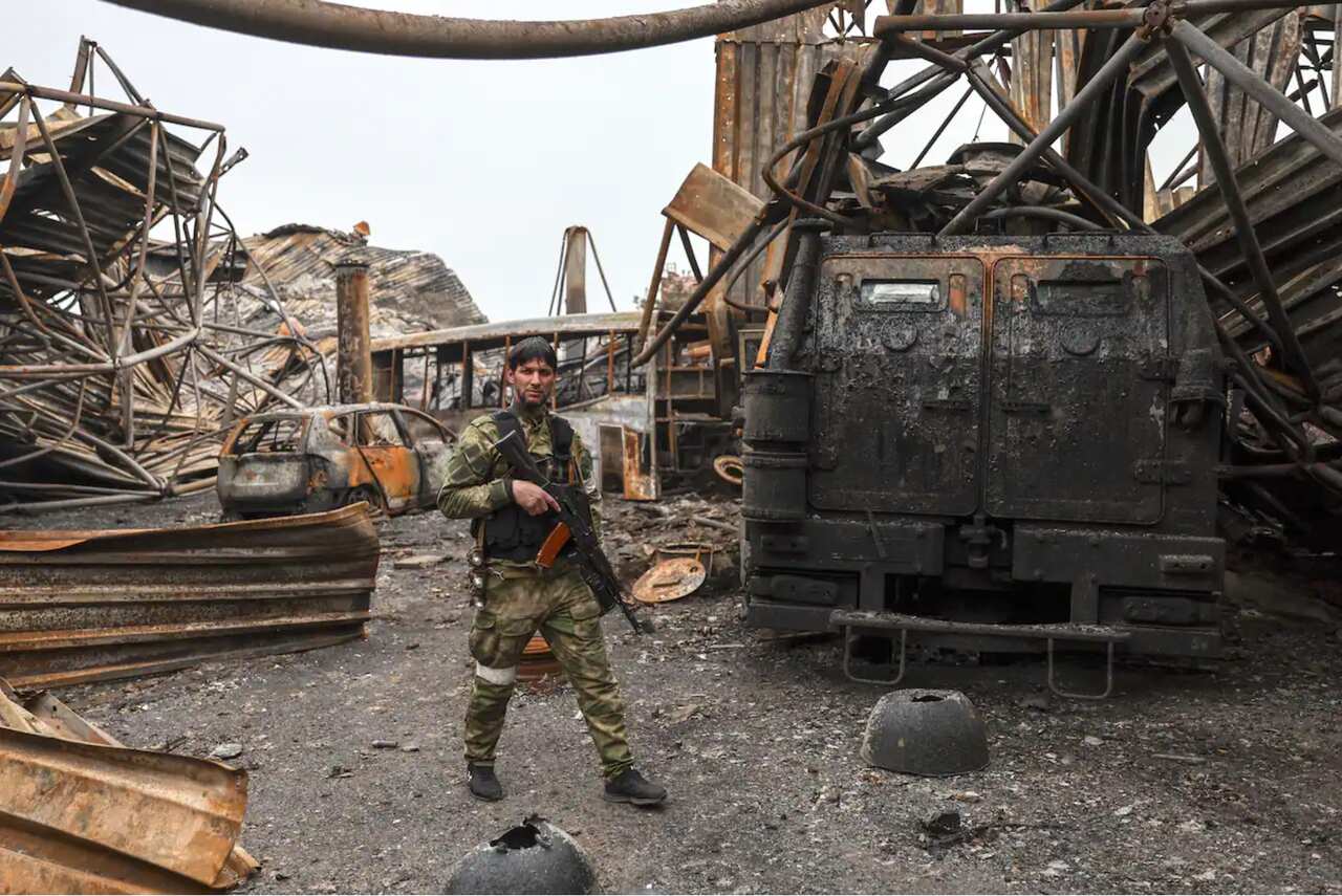 A serviceman of Chechnya's Akhmat Volunteer Battalion controls the Mariupol Iron and Steel Works captured by the armed forces of Russia and Donetsk People's Republic from the Ukrainian army. The Russian Armed Forces are carrying out a special military ope