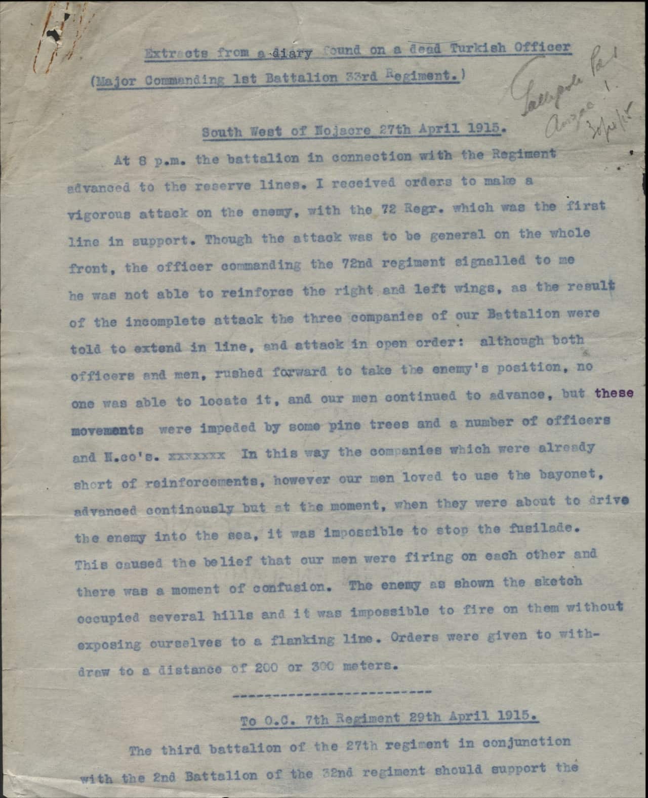 Extract from a diary found on a dead Turkish Officer 