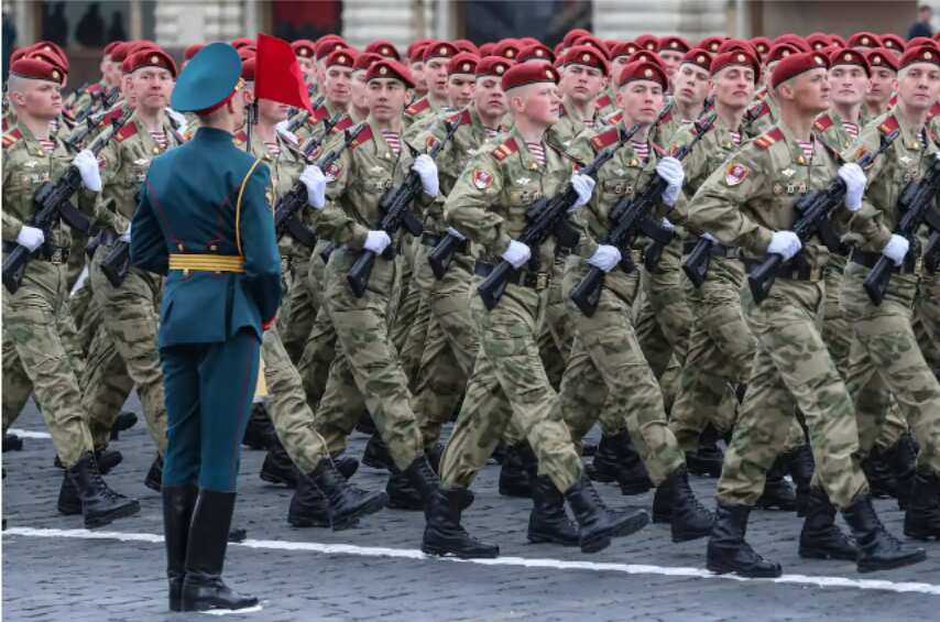 Russian servicemen take part in the Victory Day military parade in the Red Square in Moscow on Monday.
