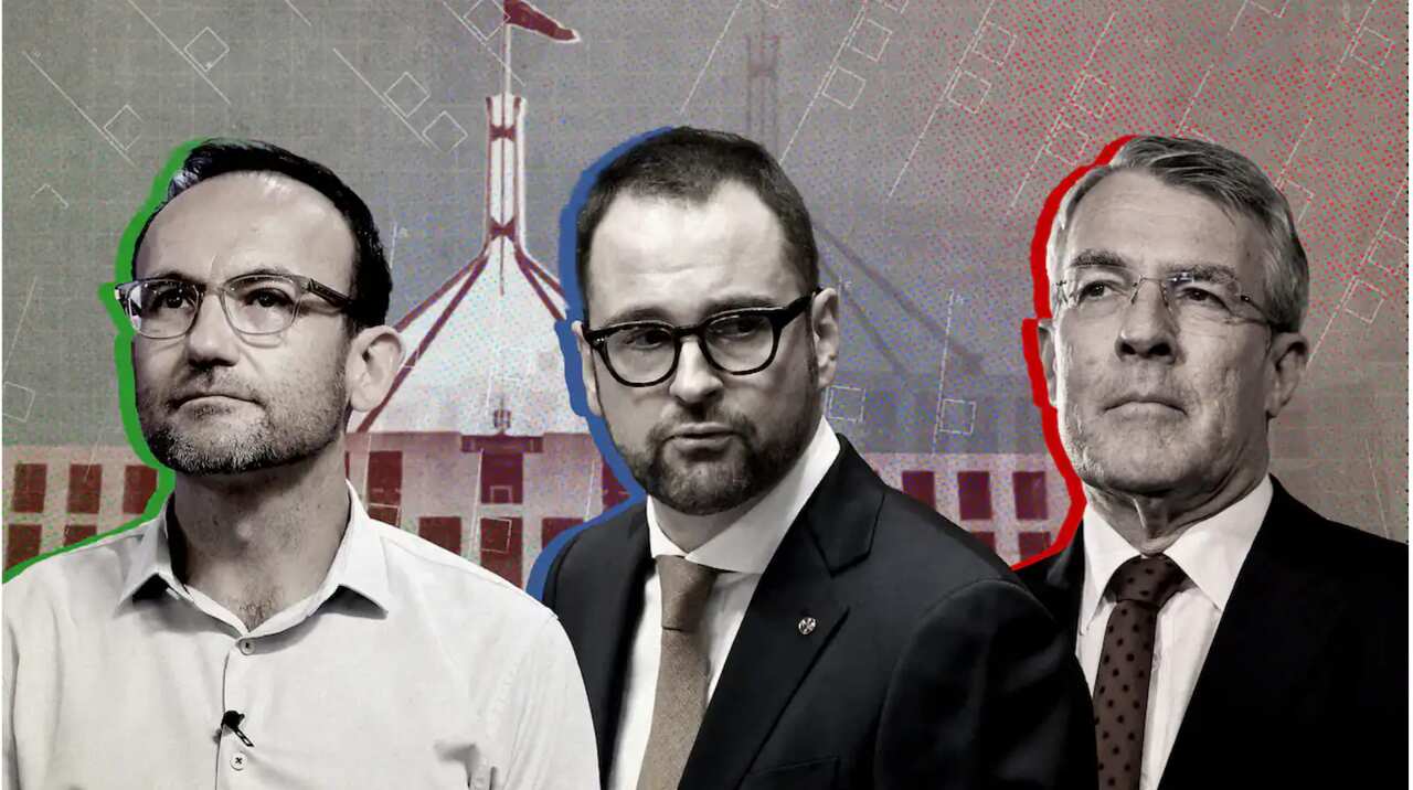 Greens leader Adam Bandt (from left), Liberal Senator Andrew Bragg and Labor’s legal affairs spokesman Mark Dreyfus participated in the Chinese Australian Forum Federal Election Panel Discussion in Sydney.