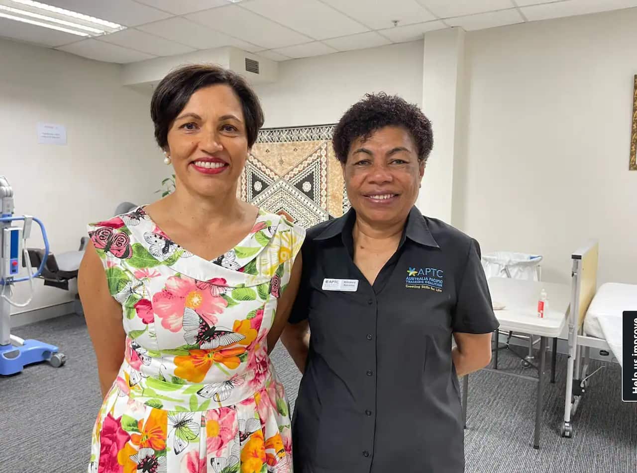 Carolyn Jalal (left) with aged care trainer Milakere Nasaroa.