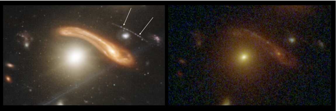 Uma comparação de Webb (esquerda) e Hubble (direita) em sua visão da mesma região. Esta é uma área ampliada do campo profundo do Webb.