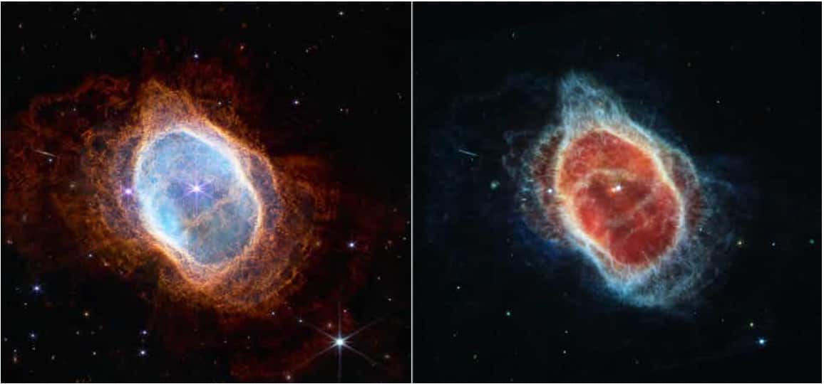 A nebulosa planetária do Anel Sul, com uma imagem no infravermelho próximo à esquerda e uma no infravermelho médio à direita