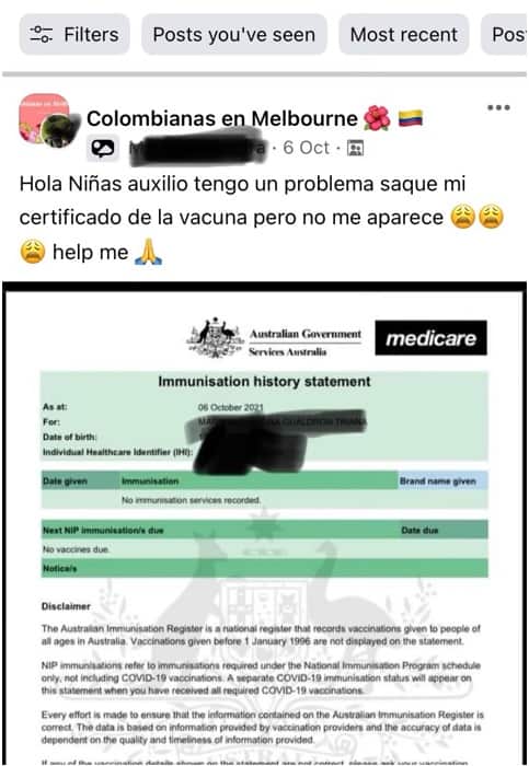 Screenshot of a post on a community Facebook page Colombians in Melbourne.