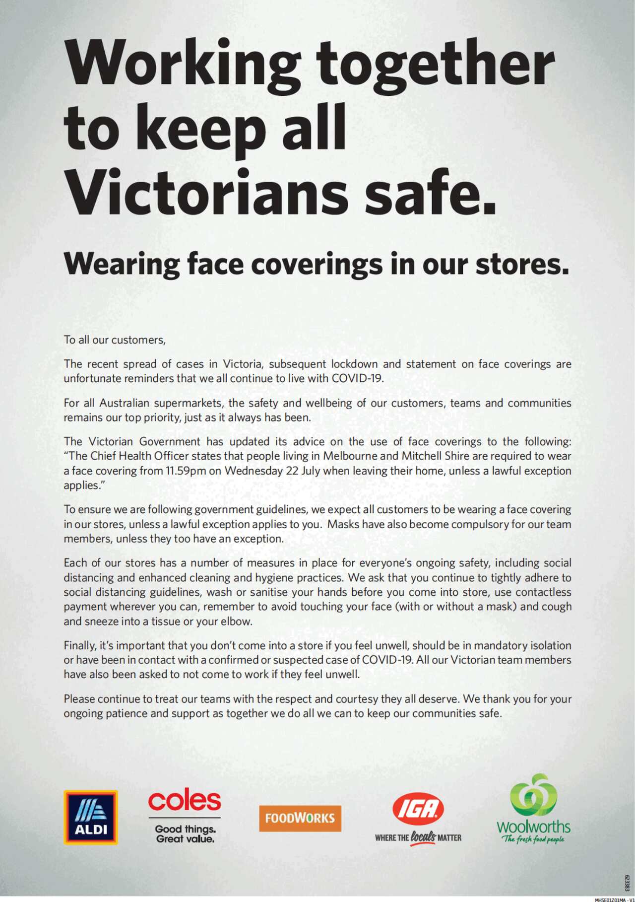 Supermarkets urge Victorians to wear mask instore