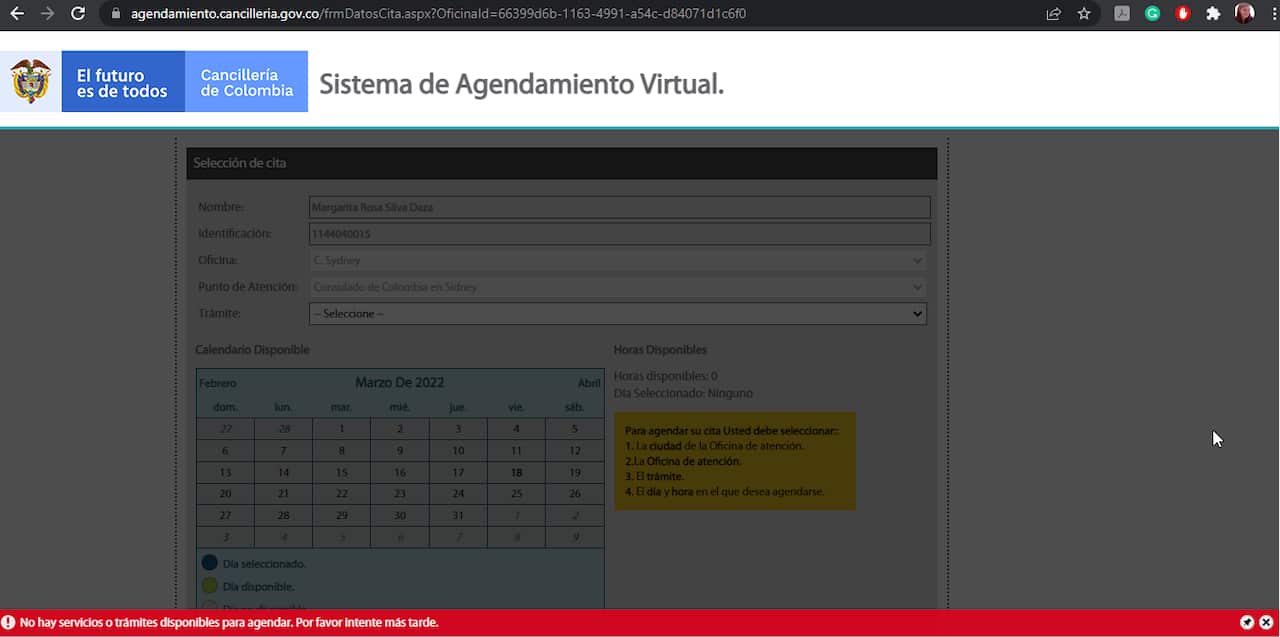 Screenshot of colombian embassy booking system in Australia for passports and other documents