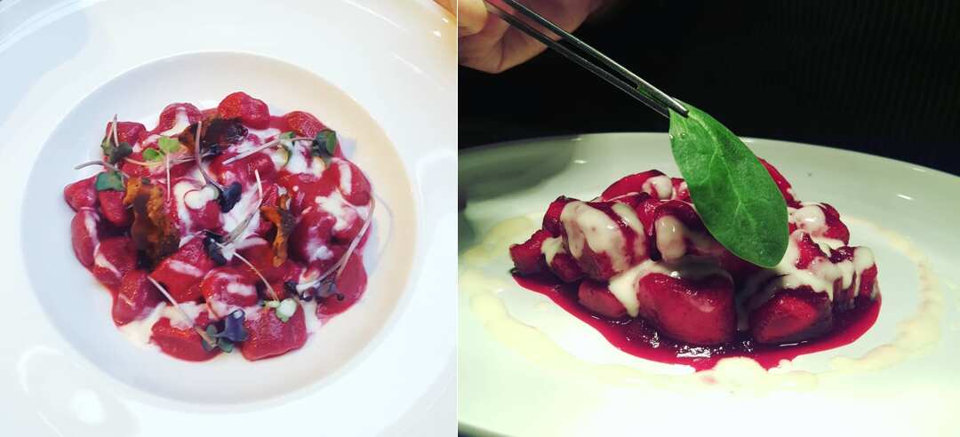 Gli gnocchi alla barbabietola con gorgonzola e spinaci proposti da Mattia Secchiero nel suo Gusto Italian Bistro di Ettalong beach, NSW