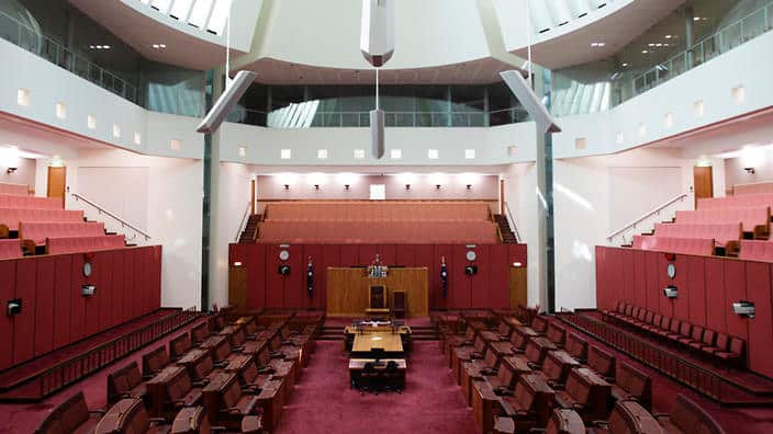 Overview of the Senate at Parliament House in Canberra, Friday, April 19, 2013. Parliament House is celebrating its 25th anniversary on May 9, 2013. (AAP Image/Lukas Coch) NO ARCHIVING