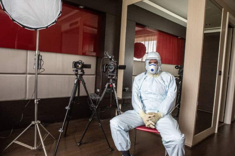 Sergio Ramazzotti during the shooting of a documentary in a hotel converted into a covid hospital