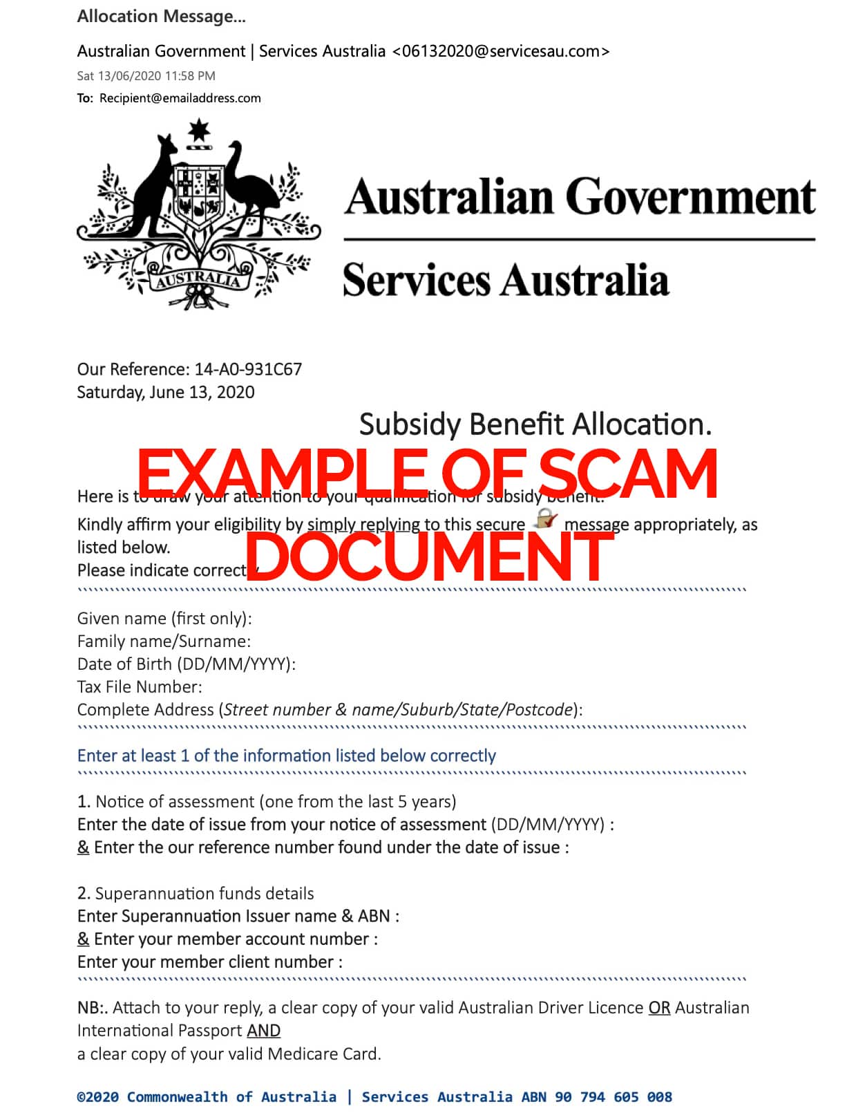 Example of scam document