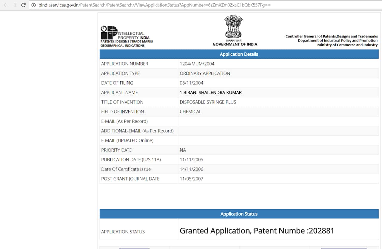 Patent of Shailendra Birani_ India