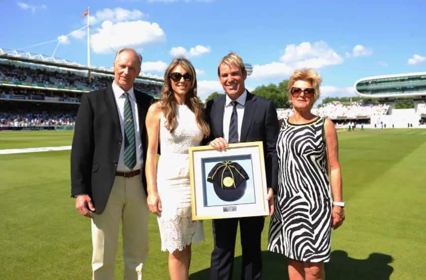 Shane Warne with his parents and then-partner Elizabeth Hurley is inducted into the ICC Hall of Fame in London, 2013