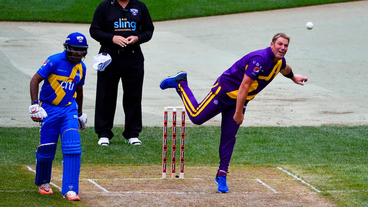 Warne's Warriors player Shane Warne bowls during a match in the Cricket All-Stars Series at Citi Field on November 7, 2015 in the Queens Borough of New York City.