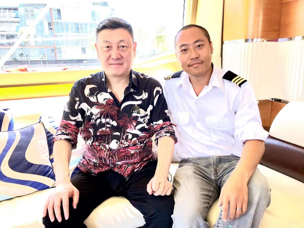 Steven Zhang (Right) and Chinese Singer Han Lei (Left) on his yacht. 